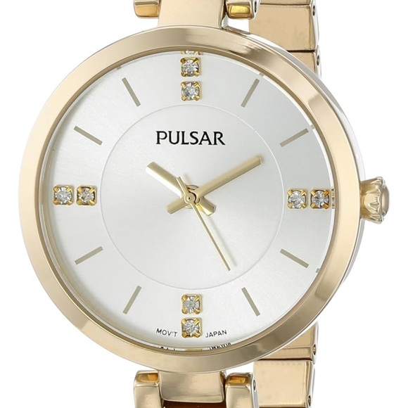Pulsar Woman's Watch Super Sleek Gold Tone w/ Swarovski Crystals Gold Metal Band - Picture 1 of 3